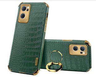 Чехол для Oppo Reno7 5G / Find X5 Lite с тиснением под кожу крокодила и магнитным держателем Green